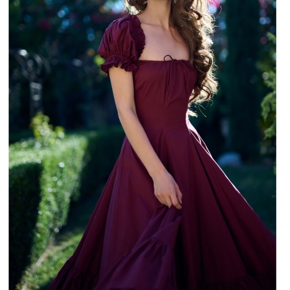 NEW Selkie The Bordeaux Foxglove Lace Up Midi Cotton Dress - Burgundy Wine Red - Picture 8 of 11